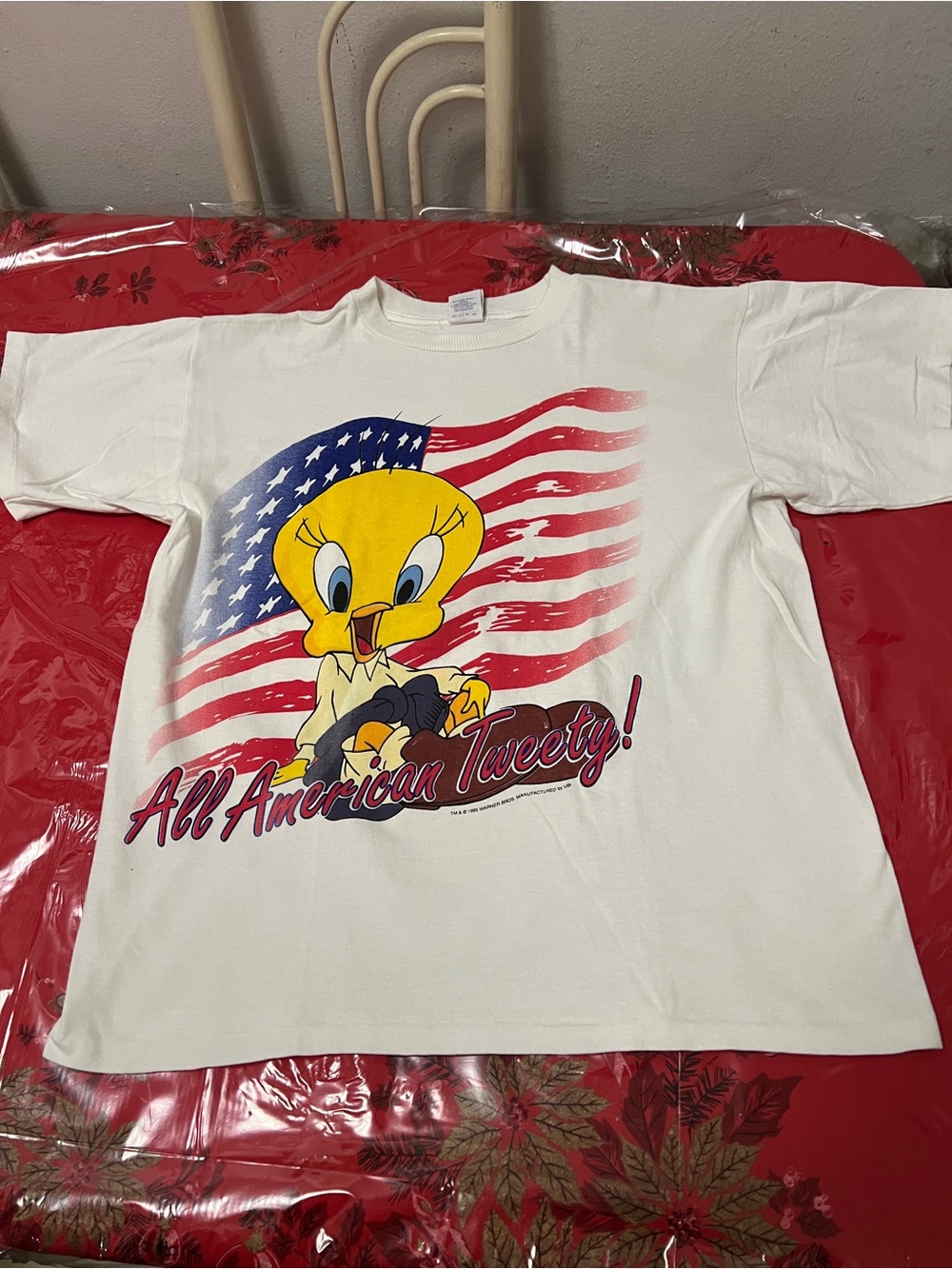 Vtg Warner Bros. White Tee with Tweety & American Flag single stitch 1995